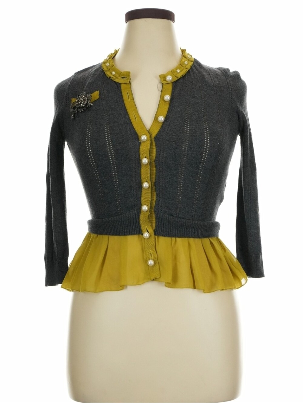 Pearl Buttoned Charcoal Gray & Mustard Yellow Peplum Cardigan - Twelve By Twelve